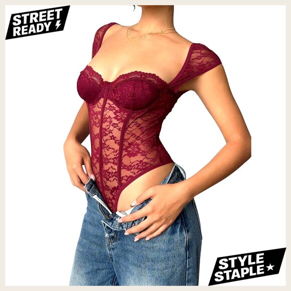 Sheer Mesh Lace Bodysuit Corset Top Cap Sleeve Sexy Party Wear